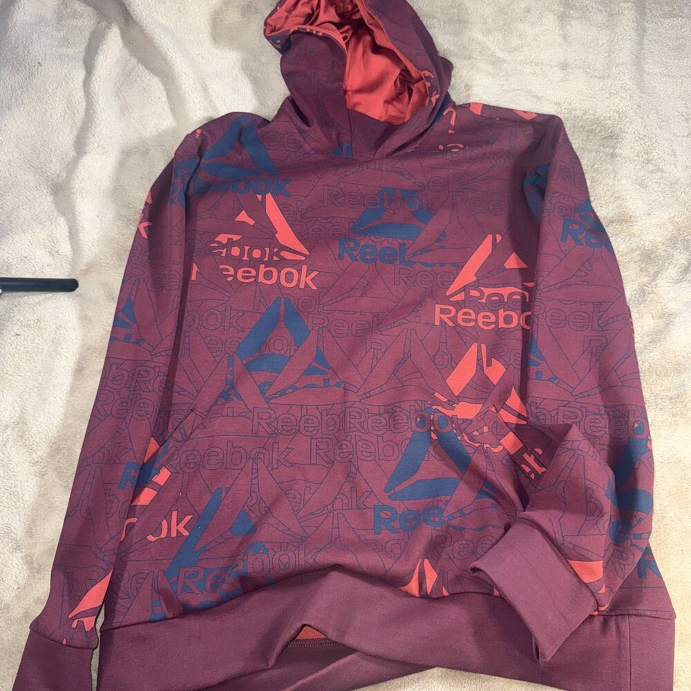 Reebok Unwind Hoodie Mens L‎ Maroon Red All Over Print Pullover Kangaroo Pocket